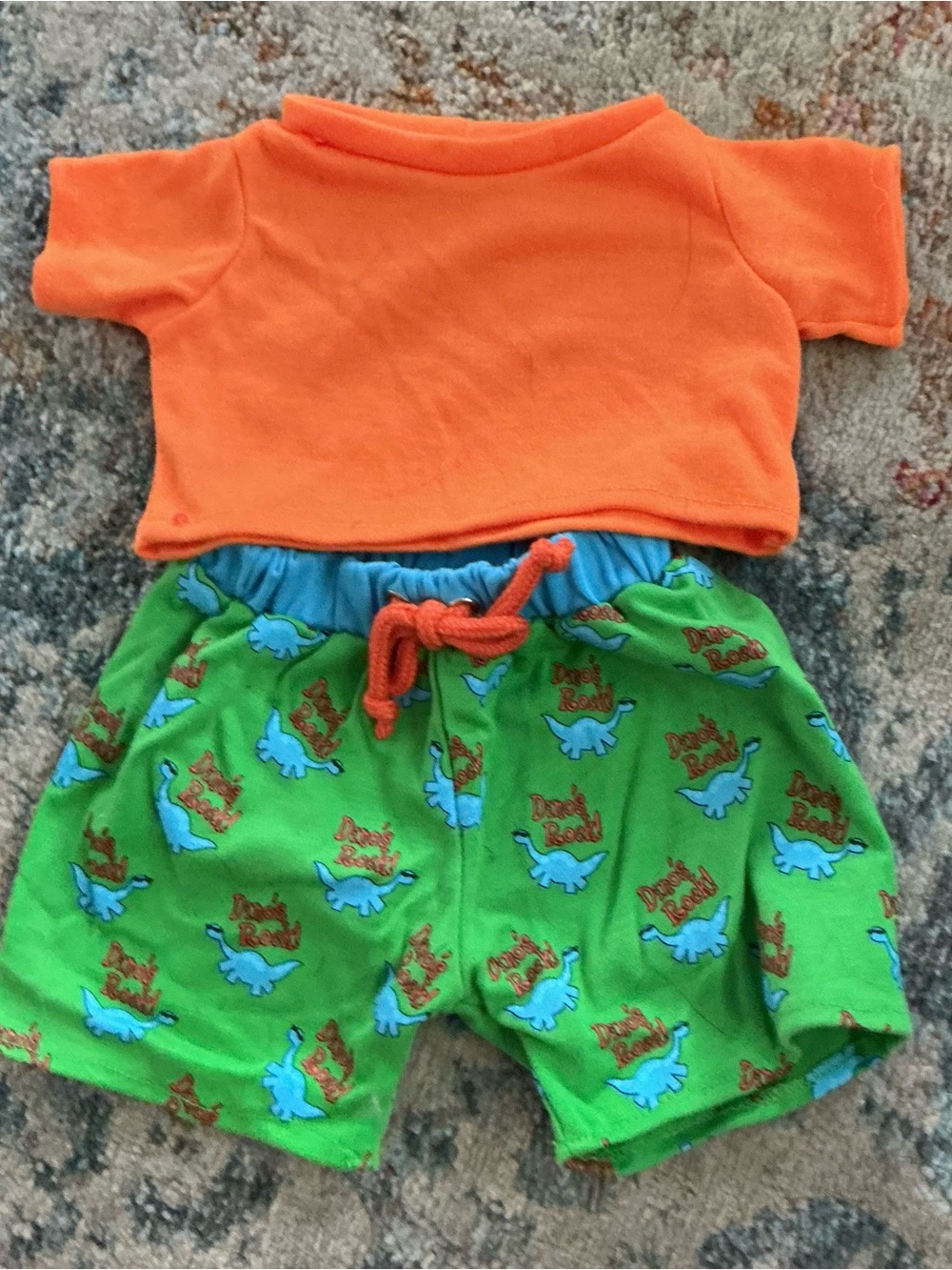 Build-A-Bear Orange Tee with Green Dino Print Shorts